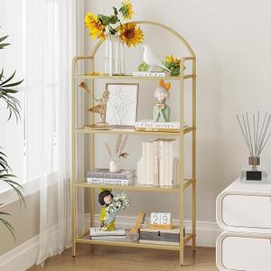 Hzuaneri Bookcase Bookshelf, Tempered Glass Bookshelves
Slim Shelving Unit for Bedroom, Bathroom, Home Office, Steel Frame, 4 Tier Gold BC21499G
