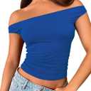 ForeFair Womens Off The Shoulder Tops Going Out Crop Top Slim Fitted Shirts Double Lined Summer Outfits Y2K Cute Tops, Royal Blue, X-Small