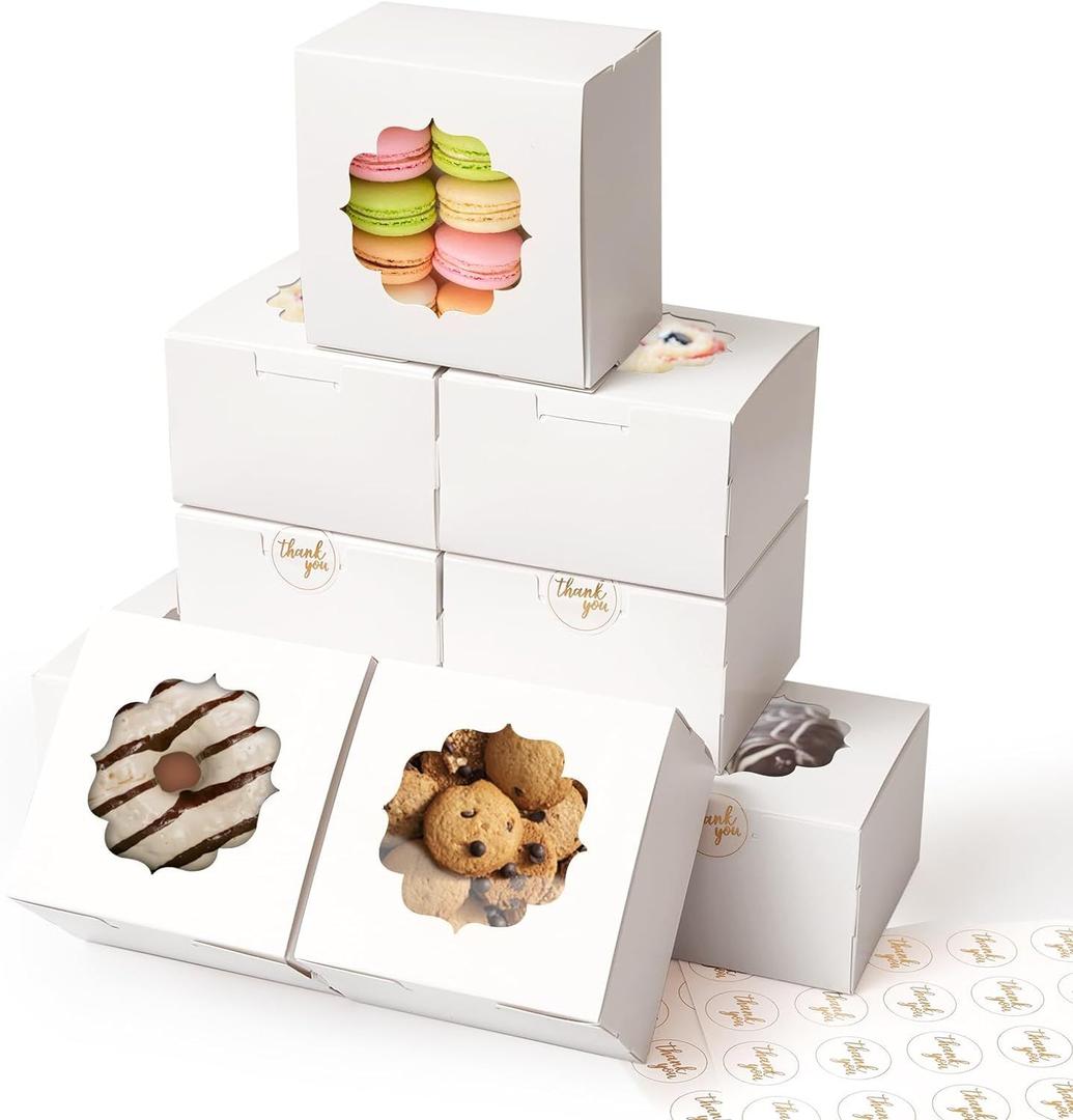 Shallive 4-Inch Small Cookie Boxes 50 Pcs White - Bakery Treat Boxes with Window for Gifting, To-go Containers for Cake Slice, Macarons, Donuts 4x4x2.5