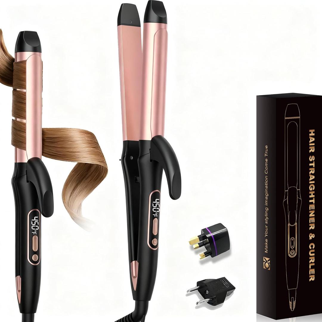 Dual Voltage Curling Iron Travel 2 in 1 Curl and Straightener (110V-240V) 1.25 Inch Normal Size Hair Curle Ceramic with EU/UK Plug Adapter Curling Wand Adjustable Temperature Anti-Tangle (Blackpink)
