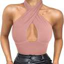REORIA Women's Sexy Criss Cross Halter Neck Sleeveless Party Club Night Going Out Thong Bodysuits Tops Pink XLarge