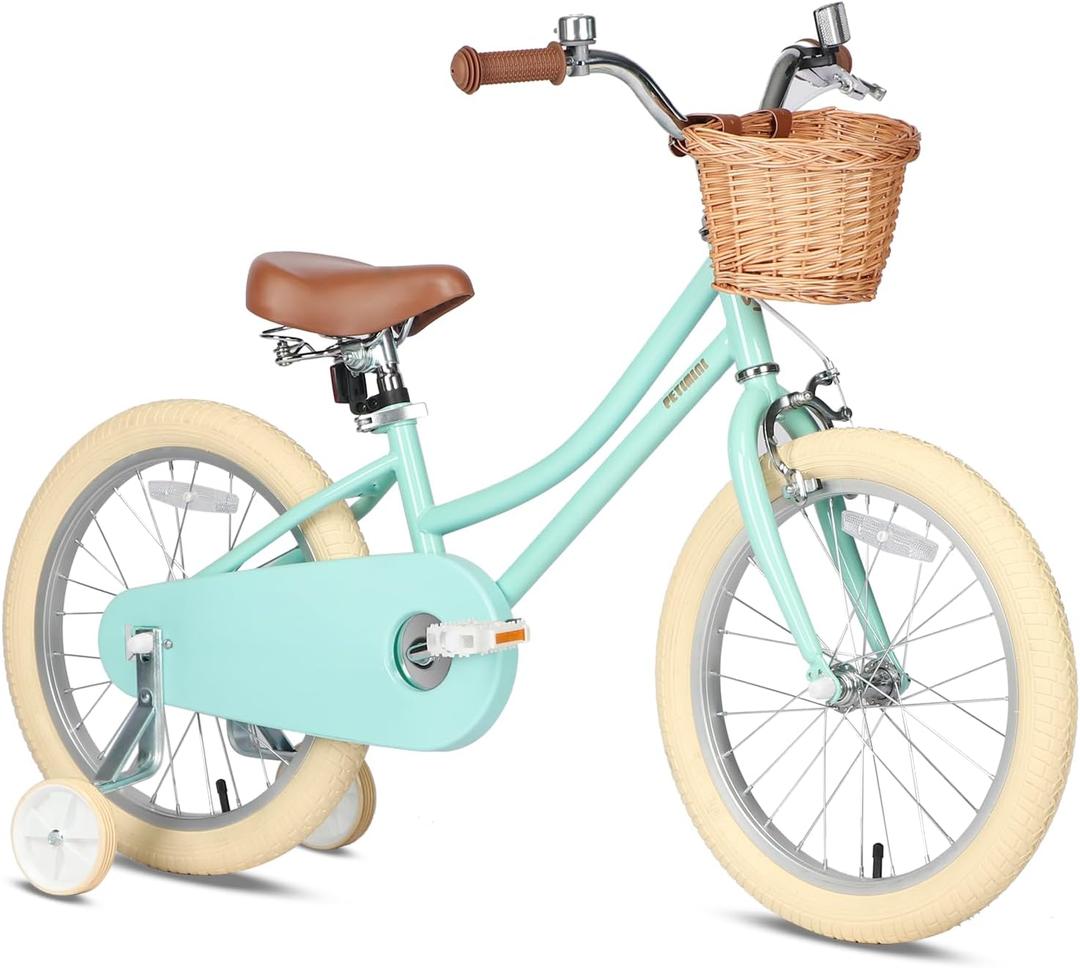 Petimini Vintage Kids Bike for Girls, 1220 Inch Classic Bicycle with Wicker Basket & Bell, High Tensile Steel Frame, Training Wheels (1218), 85% Pre-Assembled, Retro Bike for Outdoor Riding