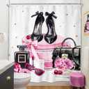 Riyidecor Pink Shower Curtain 72Wx72H Inch Fashion Girly Modern Marble Magazine Book White Rose Flower High Heel Makeup for Girls Bathroom Decor Fabric Polyester Waterproof 12 Pack Hooks (J-black Pink)