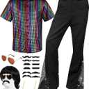 6 PCS Men's 70s Disco Outfit Costume Retro 80s Bell Bottom Pants short Sleeve Shirts Wigs Necklace Moustache Sunglasses (Medium, Vintage)