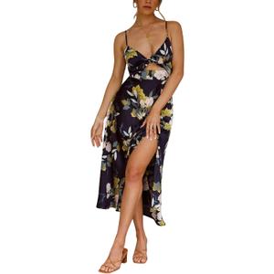 Fashionme Women Spaghetti Strap Midi Satin Dresses Tie Front Backless Slit Cutout Dress Semi-Formal/Casual Flowy Lightweight, Navy Blue, Small