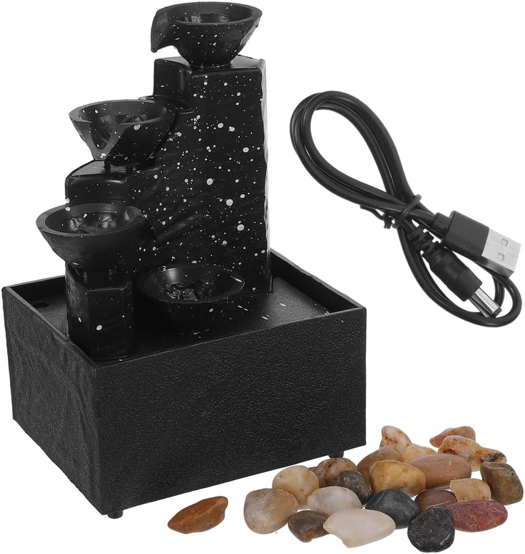 PRETYZOOM Portable Tabletop Water Fountain with USB Cable and Decorative Stones Small Indoor Water Feature for Home Decor Garden Ornament and Office Relaxation 6.69 X 4.33 X 3.54 Inches