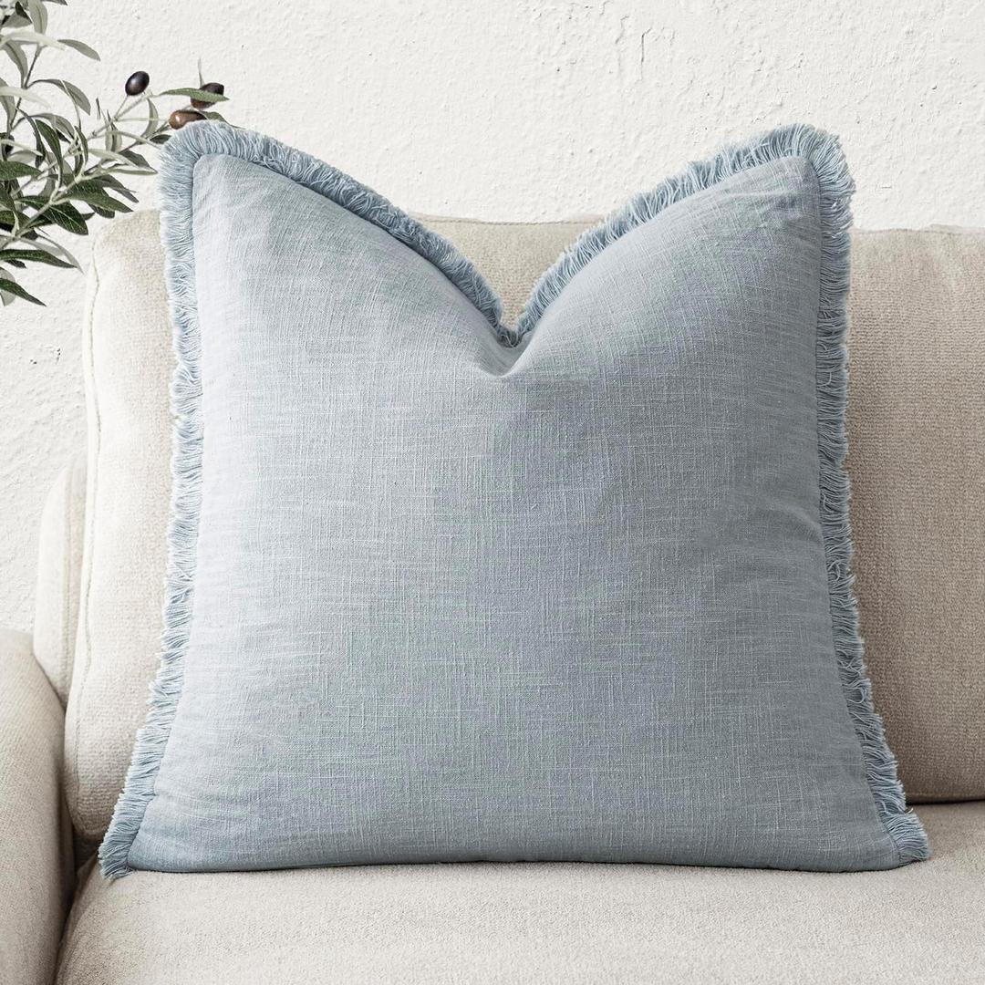 Foindtower Decorative Linen Fringe Throw Pillow Covers Cozy Boho Farmhouse Cushion Cover with Tassels Soft Accent Pillowcase for Chair Sofa Bed Living Room Home Decor, 2222 Inch,1PC,Sky Blue