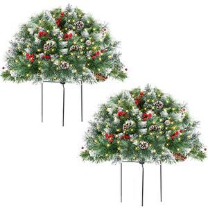 Outdoor Christmas Tree Urn Filler 2 Set, Prelit Artificial Flocked Xmas Tree with Cones & Red Berries, Small Christmas Tree with 70 Warm Lights (Frosted Green)