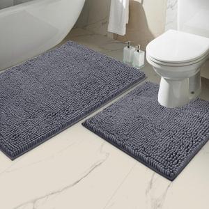 LuxUrux Bathroom Mats 2 Piece Set, Bathroom Rug Set, Soft Absorbent Chenille Bath Mat & Contour Toilet Rug, Non Slip, Quick Dry, Machine Washable Shaggy Bathroom Mats (Gray, 20"x30"+20"x20" U-Shaped)