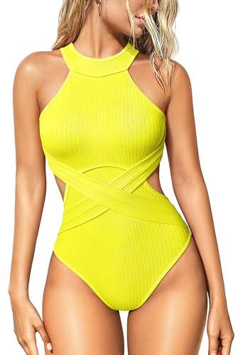 OQQ Women's One Piece Swimsuits Tummy Control High Waisted Cross Bathing Suit Wrap Tie Back 1 Piece Swimwear Yellow, Size L