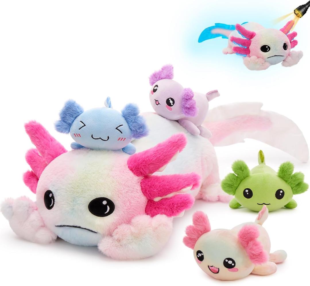 MaoGoLan 5 Pcs Axolotl Plush Stuffed Animal with 4 Babies Inside, 31.5" Glow Mommy Axolotl Plush Pillow for Girls, Soft Long Salamander Plushies for Birthday Gifts, Rainbow Tie-Dye