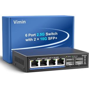 6 Port 2.5G Unmanaged Network Switch, VIMIN 4X 2.5Gbase-T Ports, 2X 10G SFP+ Port, 60Gbps Switching Capacity, IEEE802.3, Metal Housing, Fanless, Work for 2.5Gbps NAS, Wireless AP & PC