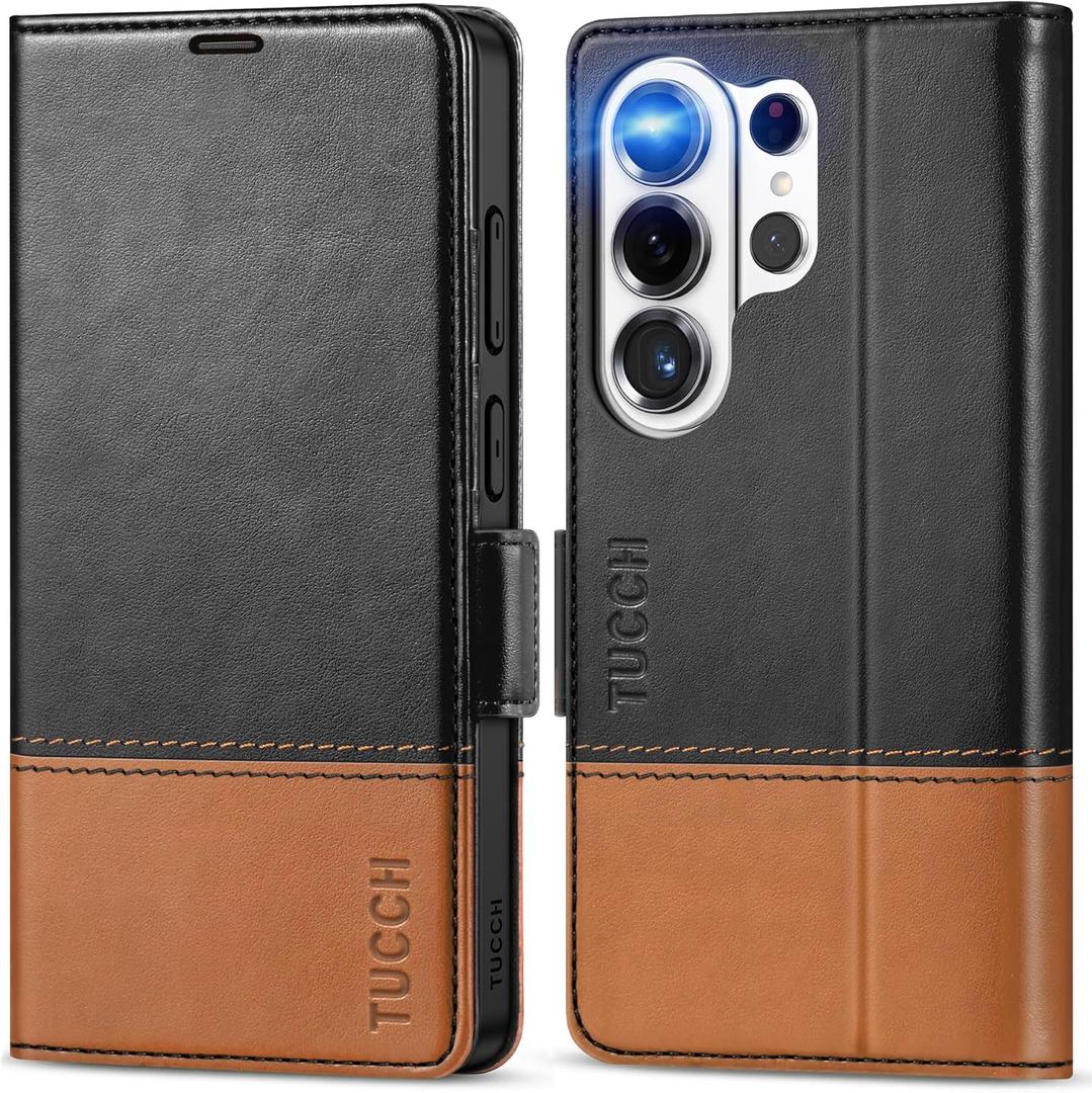 TUCCH Case Wallet for Galaxy S26 Ultra 5G, Magnetic PU Leather Stand [RFID Blocking] 4 Card Slot Folio Protective Cover with TPU Shockproof Inner Shell Compatible with Galaxy S26 Ultra, Black & Brown