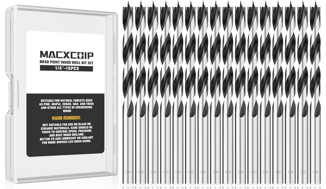 1/4" Brad Point Wood Drill Bit Set, 16Pcs Drill Bit Set with Double Flutes Design for Carpenter Woodworking and All Types of Wood
