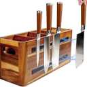 Wooden Kitchen Utensil Holder Organizer for Counter or Countertop, Large Wooden Utensil Holder 4 Compartment, Acacia Wood Container Extra Large.with Strong Magnets Multifunctional Storage Knife Holder
