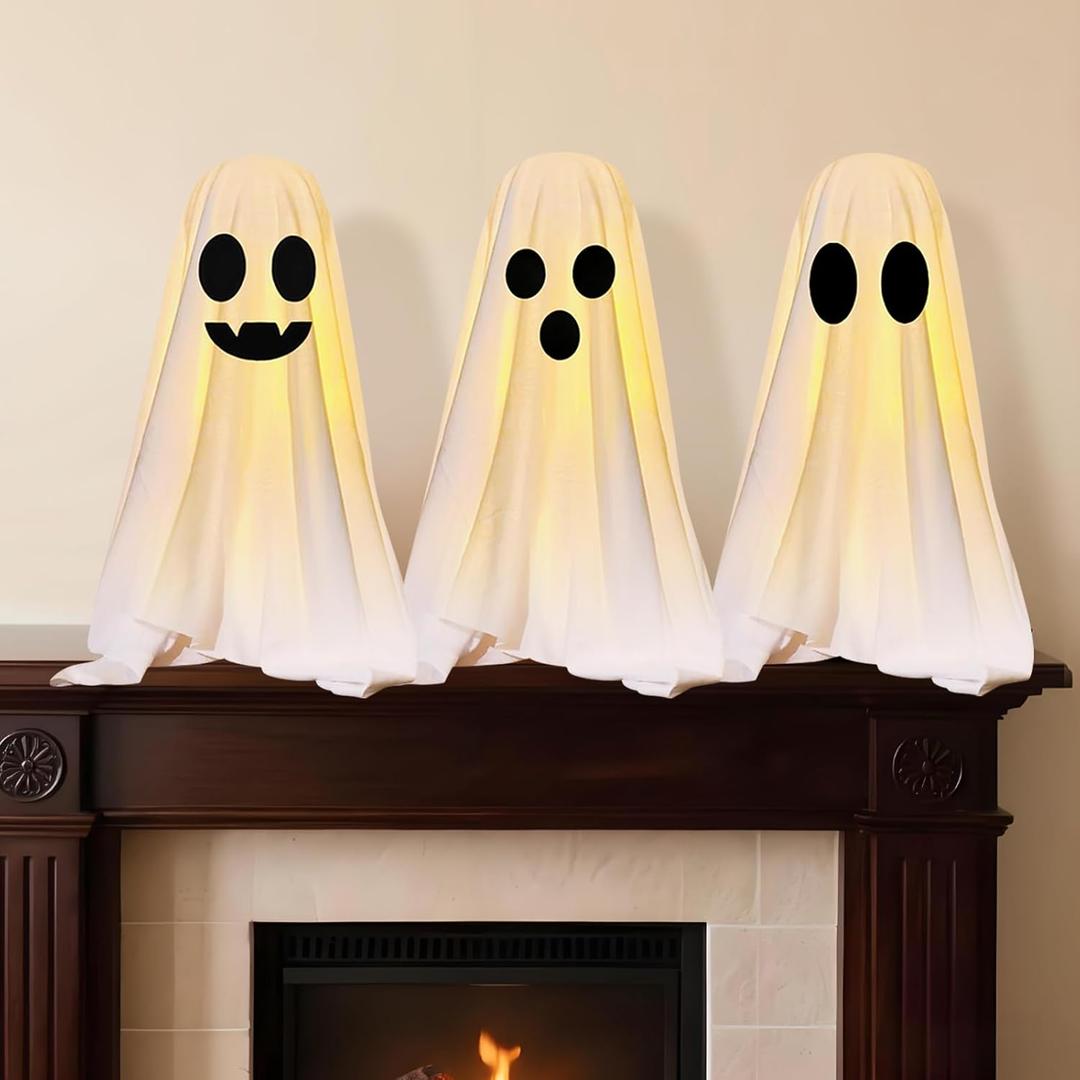 Halloween Decorations Indoor, 3 Packs Light-Up Ghosts Kit with String Lights, Cute Ghost Tabletop Decor for Party Home Kitchen and Fireplace