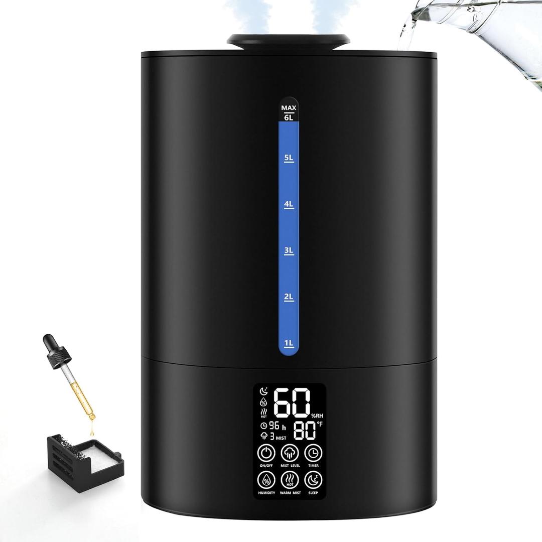 Coolfiqu 6L Humidifiers for Bedroom Large Room Home,Cool and Warm Humidifier for Baby and Plants Hot Mist Top Fill Desk Humidifier Oil Diffuser,Quiet,Auto Mode,360°Nozzle-Midnight Black