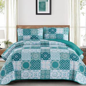 Dobuyly Teal Quilt Set Queen Size, Boho Turquoise Plaid Patchwork Bedspreads Coverlet Set, 3 Pieces Soft Lightweight Microfiber Bohemian Quilt Bedding Set for All Seasons 96"x90"