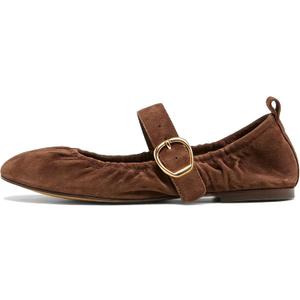 3 x VOLEECE Women's Ruched Ballet Flats Buckle Strap Mary Jane Flat Shoes Slip On Soft Faux Suede Round Toe Comfort Ballerina for Casual Dress (Brown), Sizes 7.5