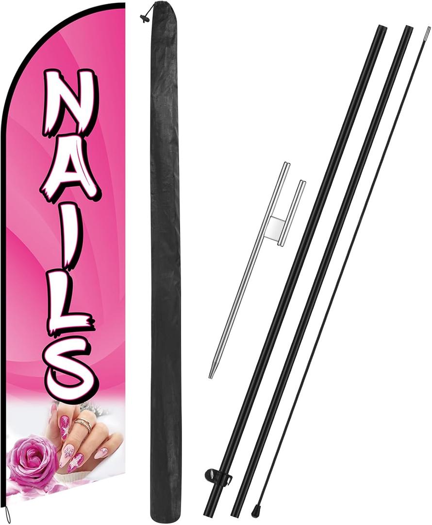 Remagr Nails Feather Flag 11 Ft Advertising Swooper Flag Banner with Flag Pole and Ground Stake Windless Shop Sign for Retail Store Outdoor Business