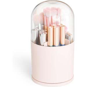 Yieach Rotating Acrylic Makeup Brush Holder with Lid for Vanity,Bathroom,Countertop,Covered Makeup Brushes Organizer,Round Spinning Cosmetic Brushes Holder and Make up Brush Storage with Cover,Pink