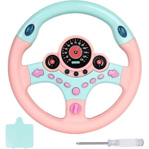 Toy Steering Wheel for Kids with Light and Music, Simulated Driving Toys Gift for Toddlers 3+ (Pink)