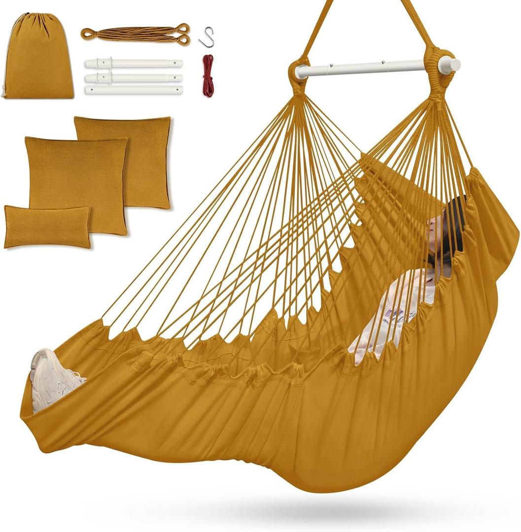 Outerman Hammock Chair, Hanging Chair with 3 Cushions and Foot Rest Support, Sturdy Metal Spreader Bar Max 500Lbs, Swing Chair for Bedroom, Indoor & Outdoor, Patio, Porch or TreeKhaki