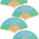 4 Pack Handheld Folding Fans with Funny Italian Quote Ecological Air Conditioning, Blue Green Ombre Fabric & Bamboo Hand Fan, Eco-Friendly Summer Cooling Tool for Travel, Beach & Party Favors
