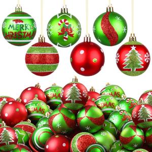 Lanpn 30 Pcs Outdoor Christmas Ornaments, 2.4" Mini Xmas Tree Elf Swirl Ball Decoration, Red Green Christmas Ornament Set, Glittering String Ball Plastic Hanging Decor for Yard Lawn Holiday Party