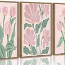 Framed 3 Pcs Pink Tulips Flowers Canvas Wall Art Boho Pink and Green Abstract Floral Botanical Paintings Pictures Wall Decor Poster Print Artwork for Living Room Bedroom Home Decoration