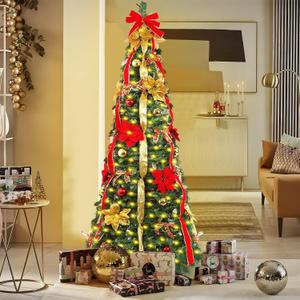FastDeng 6FT Pop up Christmas Tree - Fully Decorated Pre-Lit Pull Up Christmas Tree with 200 Warm White Lights, Gold Red Ball Ornaments Bows Ribbons for Holiday Indoor Outdoor Party Decoration