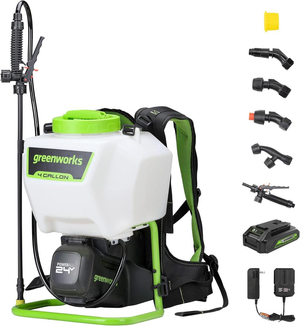 Greenworks 24V 4 Gallon Battery Powered Backpack Sprayer with 5 Tips, 70PSI Pressure-Weed Killer, Pest Control, Sanitizing & Garden Spraying, High-Pressure Sprayer, 2.0Ah Battery and Charger Included