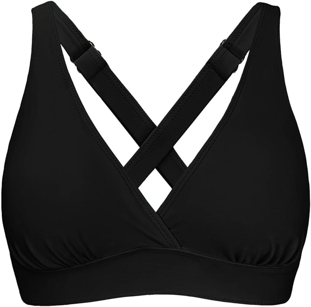 Women's Sporty Adjustable Wide Straps Bikini Top Large Bust Criss Cross Back Supportive Swimsuit Tops Only Black(Large)