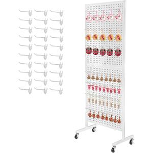Eastern Tree Metal Pegboard Display Stand 2'x 5' with 30 Hooks, Pegboard Panels Display with Wheels, Peg Board Display Rack, Standing Pegboard Display- White