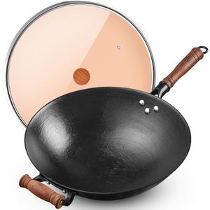 WANGYUANJI 14.17 Cast Iron Wok with Glass Lid  Traditional Round Bottom Chinese Wok for Gas Stove & Open Flame (Wok Ring Required)  Uncoated Clay-Mold Turtle Shell Texture  Seasoning Needed