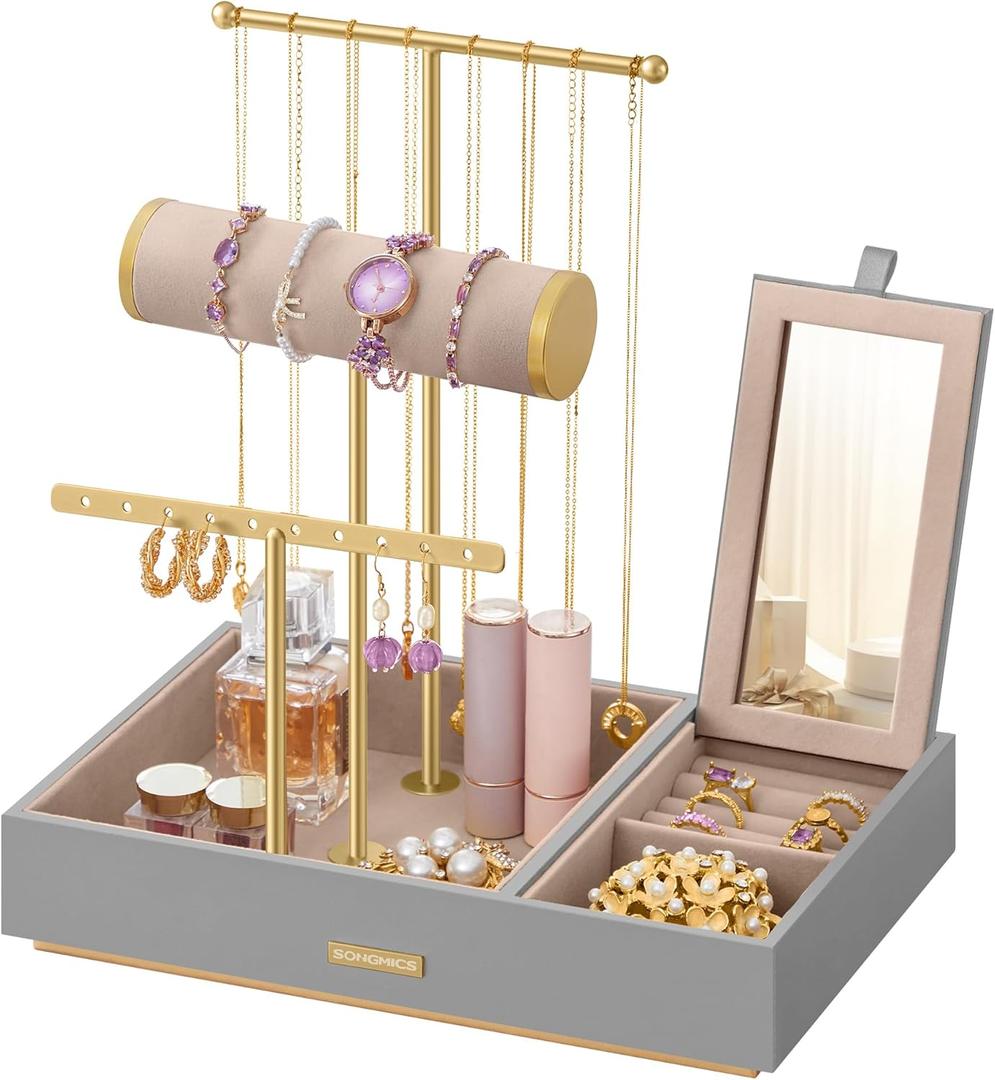 SONGMICS Jewelry Holder, Jewelry Organizer, Jewelry Display Stand, Metal Earring Organizer with Mirror, with Necklace Earring Bracelet Holder, for Rings, Gift Idea, Dove Gray and Gold UJJS022G01