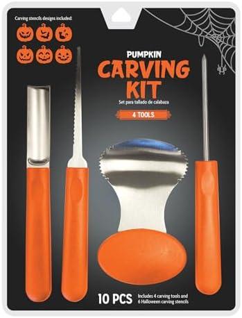 Pumpkin Carving Kit, 10-Piece Jack-O-Lantern Decorating Craft Set, 4 Tools + 6 Halloween Stencil Designs