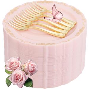 LIYH 100 Pcs Pink Gold Dessert Plates - 100 Pcs Gold Plastic Forks,Cake Plates Disposable with Forks, Appetizer Plates, Bridal Shower Party Plates for Birthday Wedding Party