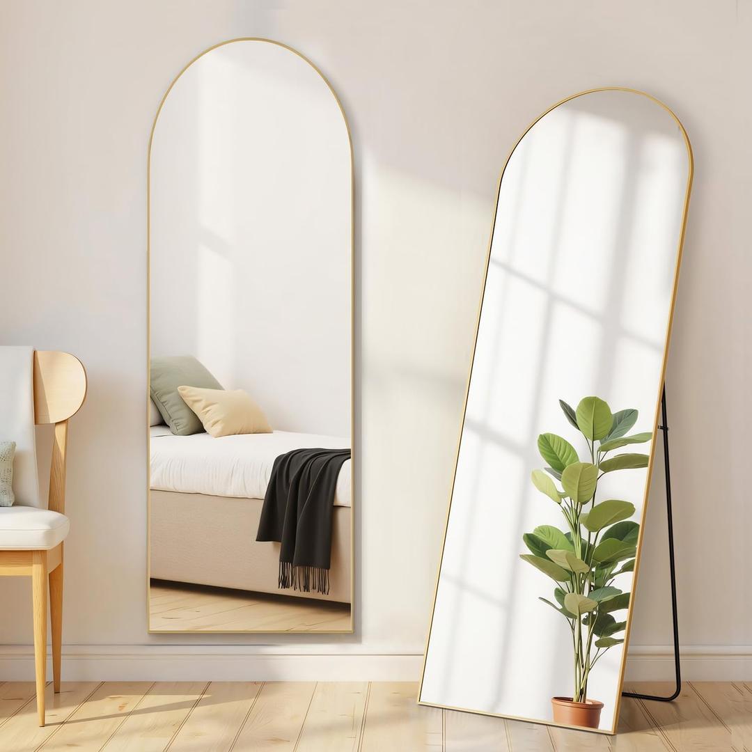 Arched Mirror Full Length, Upgraded 16"x59" Body Wall Mirrors with Shatter-Proof Glass, Floor Standing, Hanging or Leaning, Tall Arch Mirror with Stand Aluminum Alloy Frame for Bedroom, Gold