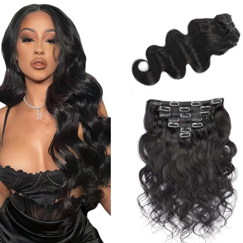 #1B Body Wave Clip in Hair Extensions,22 Inch Soft Real Human Hair,Natural Black Clip ins 120g 7pcs Per,Brazilian Double Weft Remy #1B Human Hair Extensions.