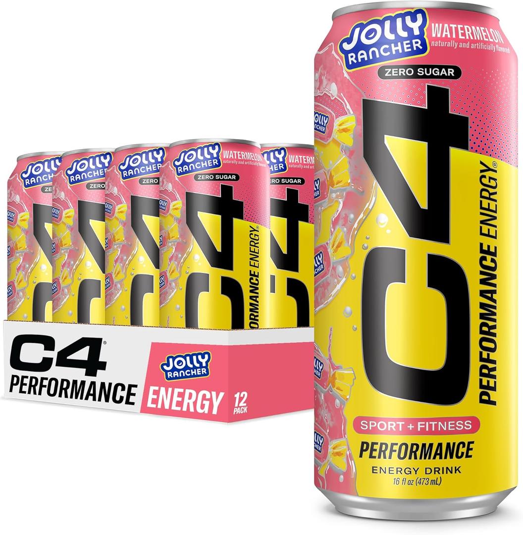C4 Performance Energy Drink, Jolly Rancher Watermelon, Zero Sugar Carbonated Preworkout Energy, 200mg Caffeine with Beta Alanine, 16 Fl Oz (12 Pack) BB 05/2027