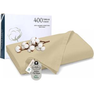 Royale Linen 400 Thread Count 100% American Grown Cotton Flat Sheet - Cooling Sheets - Twin Sheets - Luxury Sateen Weave - Twin Flat Sheet Sold Separately - Sand Flat Sheet Only (Twin, Moroccan Sand)