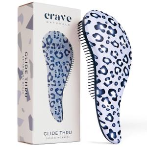 Crave Naturals Glide Thru Detangler Brush - Curly Hair Brush for Women and Kids - Wet and Dry Comb for Adults - Soft Flexible Bristles for Gentle Use - Styling Tool for Curls - Blue Cheetah (1 Pack (Regular))
