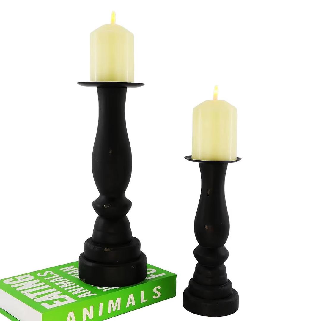 Black Pillar Candle Holders Set of 2, Decorative Candlestick Candle Holders Stand, Decorations Home Décor Gifts for Bedroom Livingroom Wedding