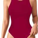 MANGOPOP Women's Tank Tops Bodysuit Double Lined Crew Neck Thong Body Suit Sleeveless Halter Fitted Top (Medium, 07 Burgundy)