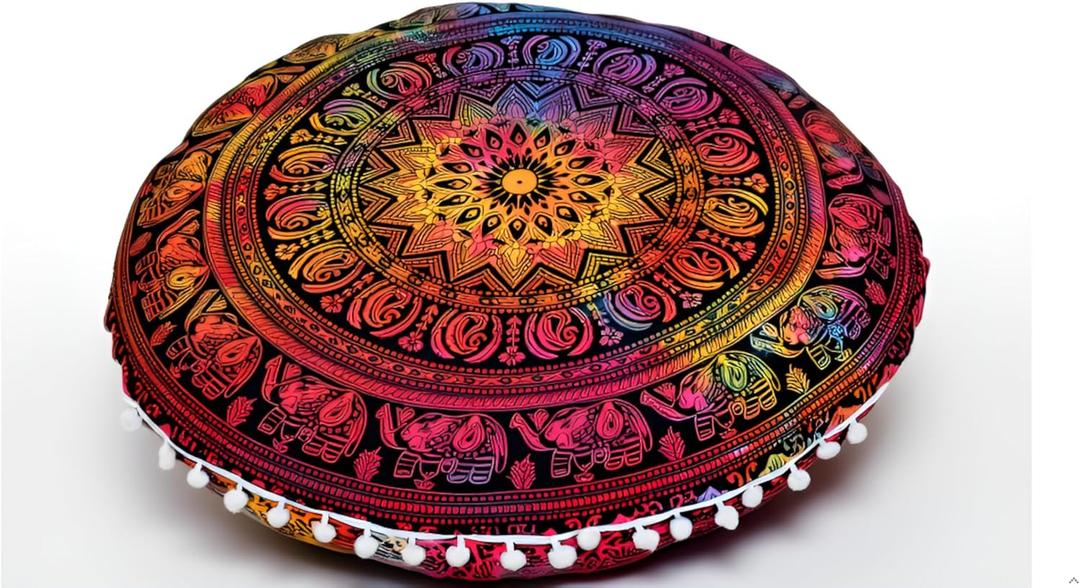 CRAFT KALA 32 Inch Meditation Floor Pillow Cover Round Pillow Seating Hippie Decorative Adults Bohemian Mandala Cushion Cover Outdoor Living Room Throw Ottoman Poufs Cover (32", Multi Elephant)