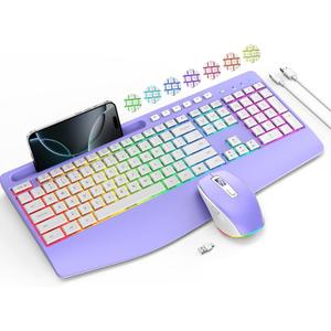 Wireless Keyboard and Mouse Combo- VEILZOR 2.4G Rechargeable Keyboard with Phone Holder, Ergonomic Wrist Rest, 9 RGB Backlit Effects, Silent Keyboard Mouse Set for Windows, Laptop, PC (Purple)