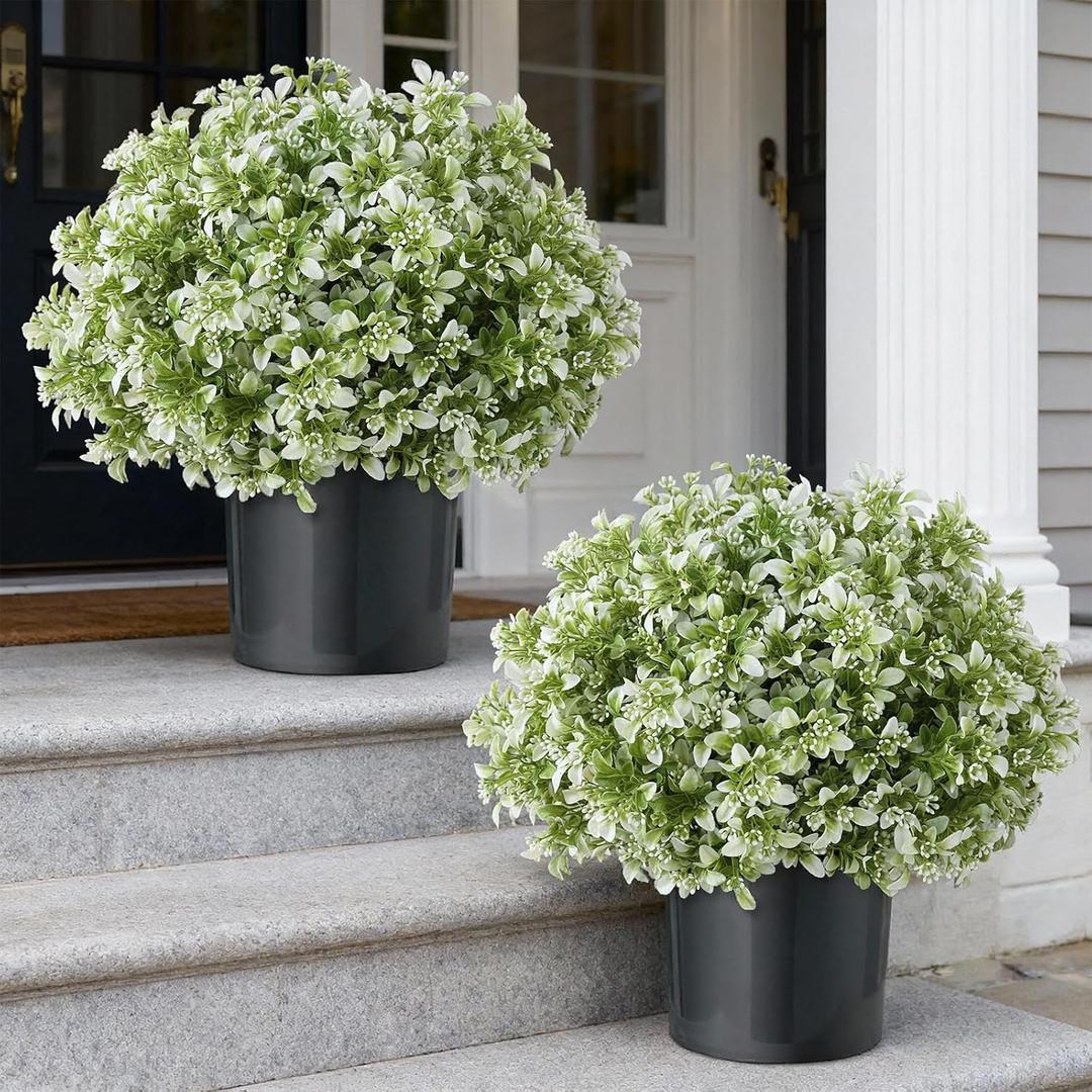 Set of 2 Artificial Boxwood Topiary Ball Trees for Front Door - Realistic Faux Aglaia Odorata Bush with Pot, Fake Eucalyptus Leaves Potted Plants for Porch Farmhouse Outdoor Decor (White-Green)