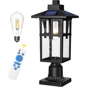 Solar Outdoor Post Light, HWH Dusk to Dawn Solar Lamp Post Light with Pier Mount Base, Exterior Pillar Lantern Pole Lamp with Seeded Glass Shade, 5HX62PM-SL BK, 18 Inch