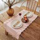 HunnmingRe 1 Pcs Light Pink Plaid Gingham Ruffle Table Runner 118 x 13.8'' Farmhouse Table Runner 100% Cotton Scalloped Long Dresser Scarves for Mothers Day Dining Room, Wedding, Rustic Home Decor